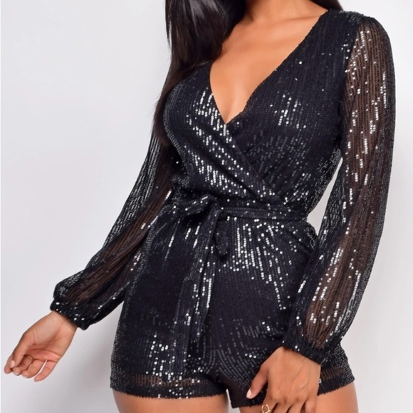 She + Sky Sequin Long Sleeve Belted Romper - Picture 2 of 12